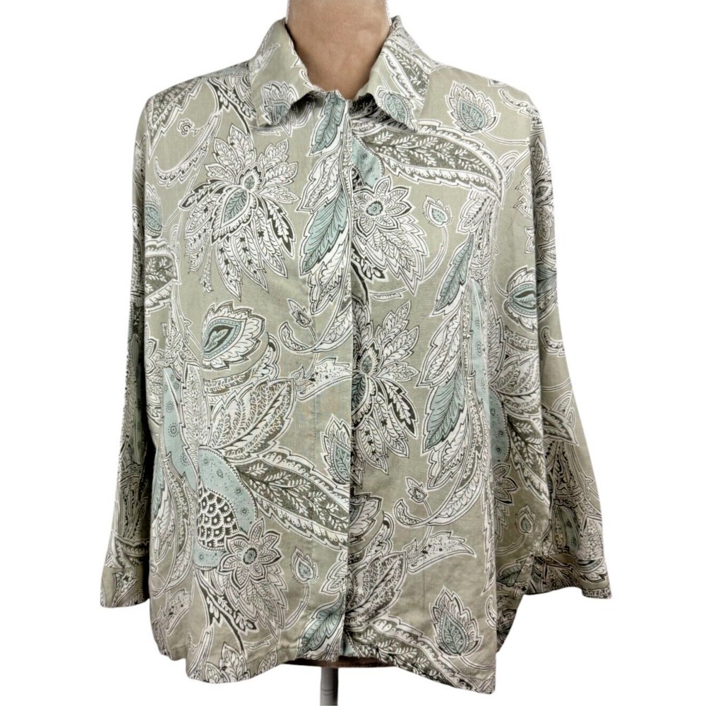 Bryn Walker Womnes Linen Top Jacket Tan Blue Paisley 3/4 Sleeve Button Up Sz Lg